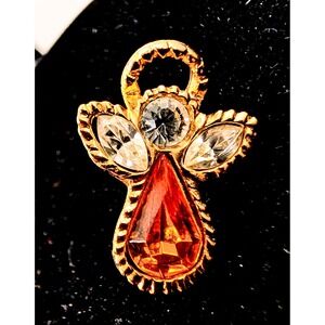 Vintage CANCO Gold Tone Angel Pin Amber Clear Crystal Rhinestone Lapel Brooch